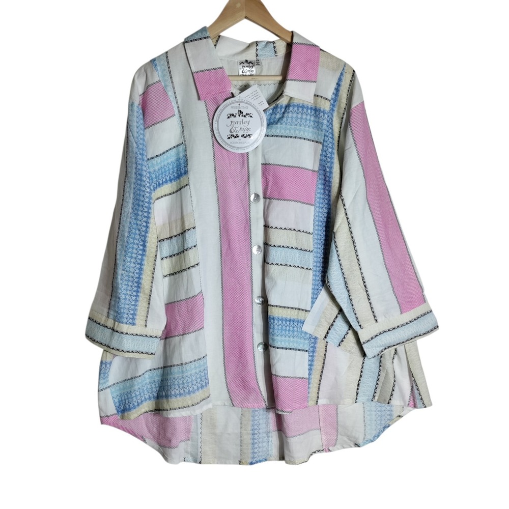 Parsley & Sage Blouse Contrast Stripe Print Linen Blend Blouse Womens Plus sz 3X